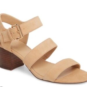 J Crew Three Strap Stacked Heel Sandals in Suede Pale Mocha Size 9